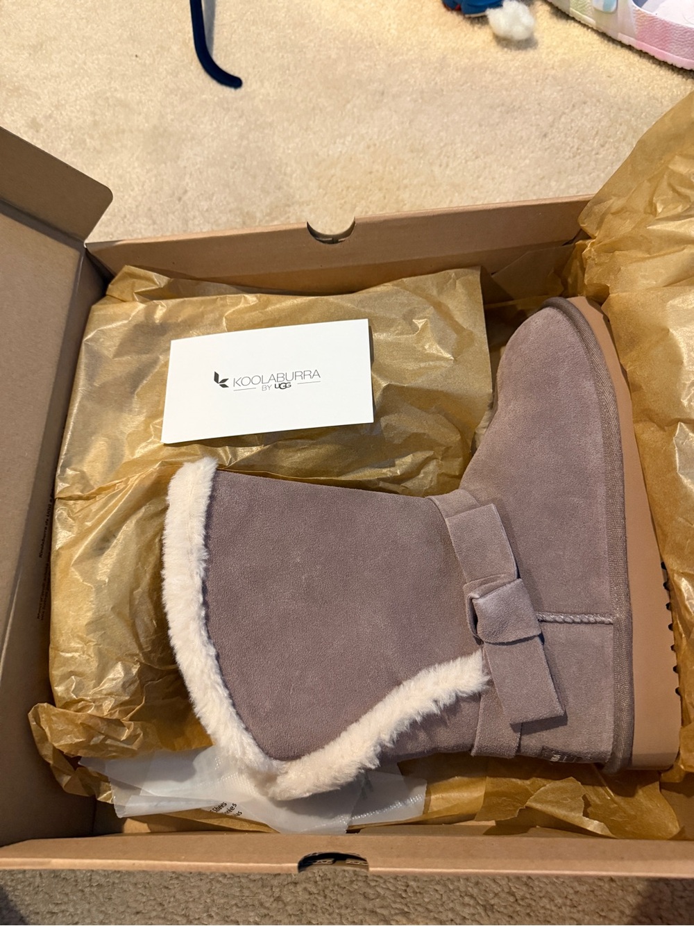 Koolaburra Taupe Suede Winter Boot with Cream Shearling Trim and Bow